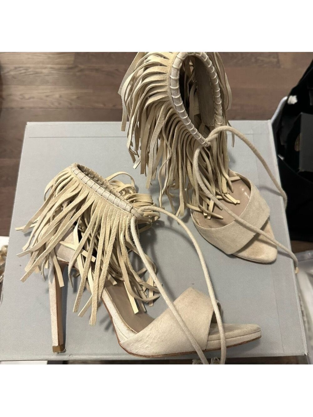 Zara Faux Suede Fringe Tassel Tie High Heel Sandals in Bone/Cream - Picture 6 of 15